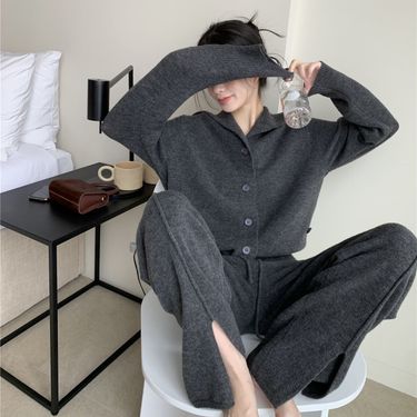 Audday Fashion Blogger Knitted Suit For Women Spring And Autumn Lazy Style Cardigan Sweater Wide-Leg Pants Two-Piece Set_voghion.com