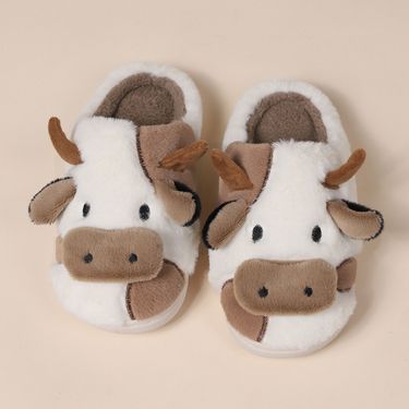 Winter new indoor fluffy slippers cute cartoon cow Baotou thick warm couple plush cotton drag_voghion.com