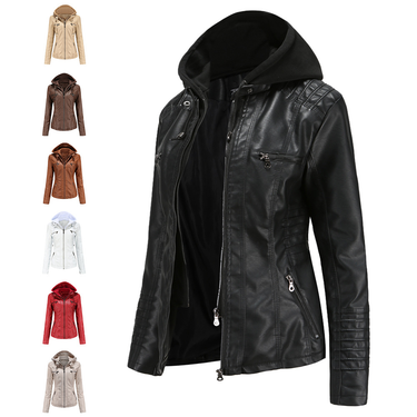 Women's hooded leather jacket two-piece detachable plus size leather jacket women's spring and autumn coat women's PU washable leather_mkmklike.com