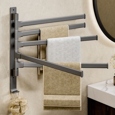 No Drill Bathroom Rotating Towel Rack Multi-Rod Space Saving Wall Mounted Organizer With Adjustable Arms - Gunmetal Grey_voghion.com
