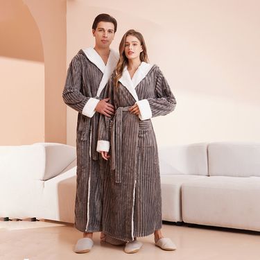 Men's Clothing extra long plus size cut velvet hooded striped couple nightgown men and women plus size flannel bathrobe autumn and winter_voghion.com