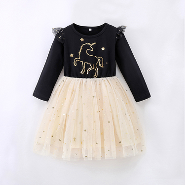 Girls' Autumn/Winter Sequin Embroidered Cartoon Princess Dress Long Sleeve Dress_voghion.com