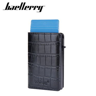 Baellerry new men's card bag crocodile pattern RFID side push elastic card aluminum box card holder simple wallet_voghion.com