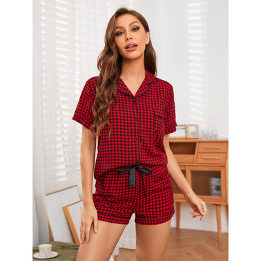 Women's clothing pajamas for women plaid cardigan short-sleeved home clothes set_voghion.com