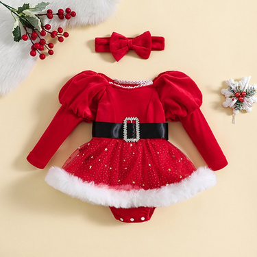 Children's Autumn/Winter Christmas Dress Baby Star Mesh Wrap Skirt + Headband_voghion.com
