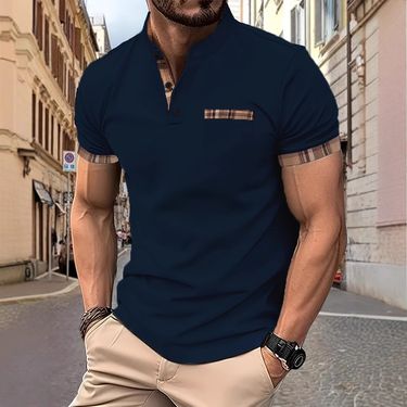 2025d 2025 New Men's Casual Short Sleeve Polo Shirt Stand Collar Button Versatile T-Shirt_voghion.com