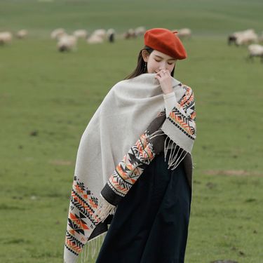 2024 new colorful ethnic style shawl, women's tassel slit, thick warm cloak, travel and outdoor scarf_voghion.com