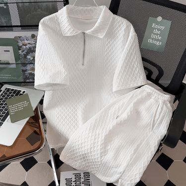 Men's Clothing Summer Waffle Short Sleeved Suit Daily Versatile Loose Polo Shirt Shorts Casual Two Piece Suit_voghion.com