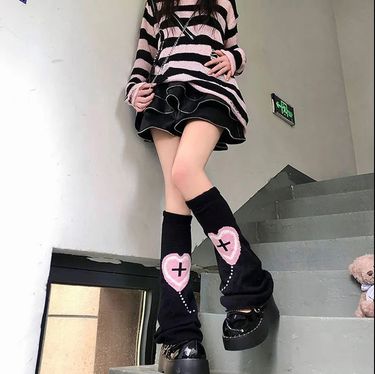 Lolita Wide Leg Socks Love Cross Y2K Girls with Calf Cover Winter Warm Acrylic Knitted Socks_voghion.com
