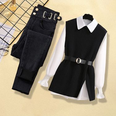 Women's Clothing Suit For Women Spring New Style Knitted Vest Women's Shirt Slim Jeans Three Piece Suit_voghion.com