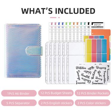 A6 Laser Holographic Refillable Notebook With Transparent Zipper Pouch & Colorful Labels - Budget Planner, Cash Envelope System_voghion.com