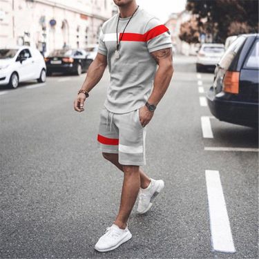 Summer fashion trend sports color striped short sleeved men's casual round neck set_voghion.com