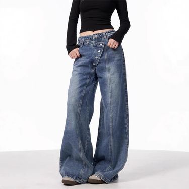 Unisex Vintage Asymmetrical Button Fly Jeans - Wide-Leg High-Waisted Retro Denim Pants (L-3XL)_voghion.com