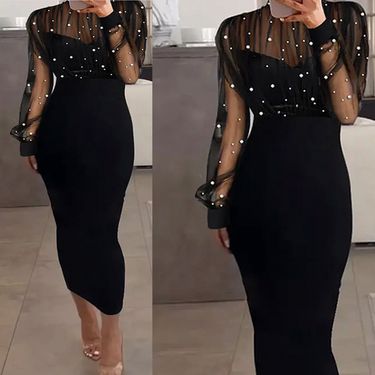 Women's Clothing fashion trend mesh beaded long sleeved dress hip evening dress_voghion.com