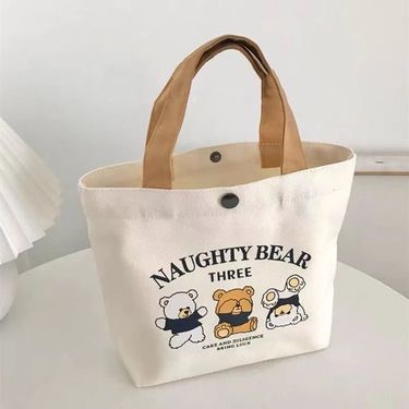 Three Bears Portable Handbag Small Cartoon Versatile Canvas Student Lunch Box Bag Customizable_voghion.com