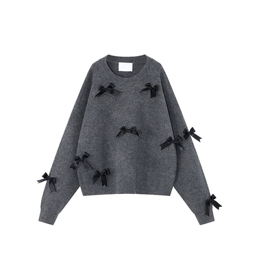 Autumn Winter Women Crew-neck Solid Color Knitted Pullover Sweater Bow Decoration Puff Long Sleeve Loose Knitwear Jumper_voghion.com