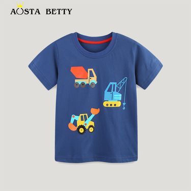 European And American Summer New Children's Short Sleeve Cartoon Car Print Knitted Cotton Boys' T-Shirt Cross-Border_voghion.com
