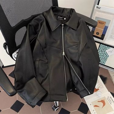 Men's Black PU Leather Jacket - Slim Fit Biker Style With Lapel Collar, Classic Motorcycle Look (M-2XL)_voghion.com
