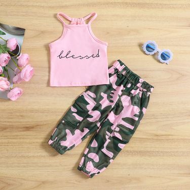 Girls' Sleeveless Letter Print Tank Top + Camo Pants Set – Soft Cotton, Summer Outfit (100-140cm, B-Class Safety)_voghion.com