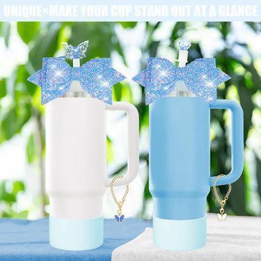 Blue Bow & Diamond Butterfly Straw Topper With Decorative Chain & Dust Plug - Aesthetic Cup Decor For 30oz/40oz Tumblers_voghion.com