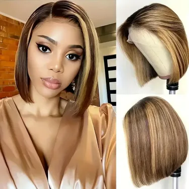 Short Bob Wigs Straight Highlight 4/27 Brazilian Remy Human Hair 13x4 Frontal Lace Wig Women Daily_voghion.com