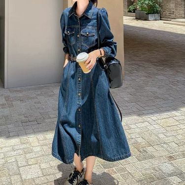 Spring Autumn Long Sleeved Cowboy Dress For Women, 2025 New Style, Fashionable And Trendy_voghion.com