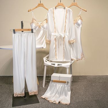 Silky-Touch Sleepwear Set – Women’s Lace Trim Chemise & Lounge Pajamas (5-Piece, M-3XL)_ecoleips.com