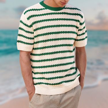 Men's Clothing summer vacation style men's knitted sweater round neck short sleeve striped color matching sweater beach casual men's wear_mkmklike.com