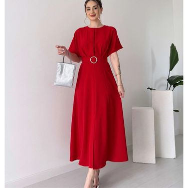 Women's Clothing new solid color fashion chest pleated belt dress long skirt_viptrois.com