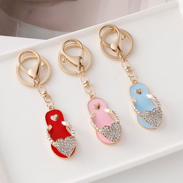 Creative Cute Diamond-Encrusted Heart Small Slippers Car Metal Cartoon Couple Keychain Bag Pendant Gift_voghion.com