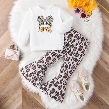 Girls Autumn Casual Fashion Girls Cute Personalized Avatar Print Top + Leopard Print Flare Pants Two-piece Set_voghion.com