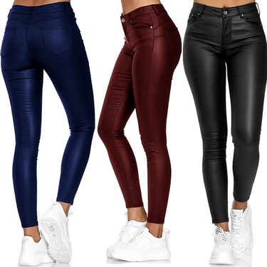 Women's fashion high-waisted solid color leather casual pants small feet pants_voghion.com