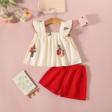 New Baby Girl Cotton Clothes Set Flower Embroidered Top+Red Shorts Summer Kids Clothes_voghion.com
