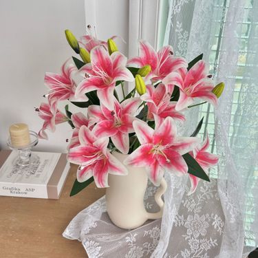 Lifelike Artificial Lily Flowers - Elegant Silk Floral Arrangement For Wedding Decor, Home Styling, And Photography Props (Pink, White)_voghion.com