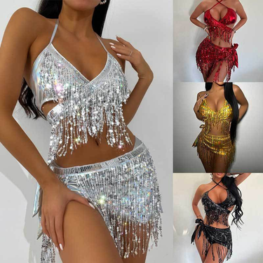 Women's split swimsuit three-piece set for women with flash fabric sexy tassel bikini_voghion.com