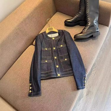 Women's Clothing 2024 winter new fashion high end exposed line decoration metal button retro denim jacket_voghion.com