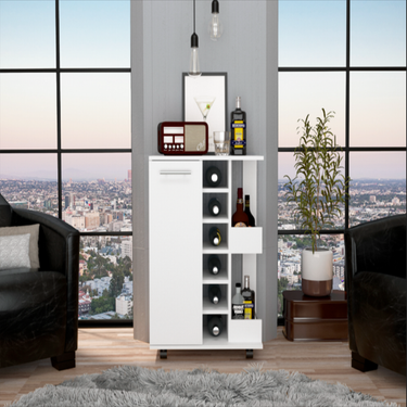 Bar Cart Wells, Four Casters, Six Wine Cubbies, Single Door Cabinet, White Finish_voghion.com