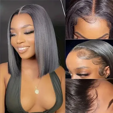 Short Bob Human Hair Lace Wig 180% Density Women Natural Black Color 12 inch_voghion.com