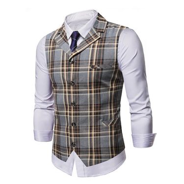Men's casual slim waistcoat Fashion men's plaid single-breasted casual waistcoat_voghion.com