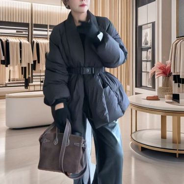 Designed Waist-Cinching Down Jacket For Women, Mid-Length, Winter New Korean Version, Loose Fit, Slimming, White Duck_voghion.com