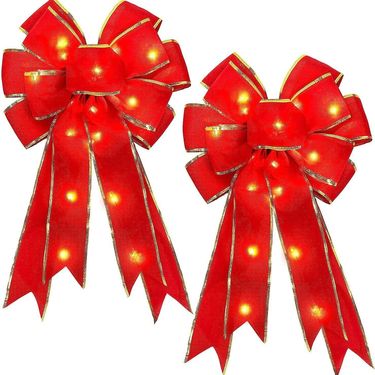 Luxury Velvet Christmas Tree Topper Bow - Large 28x50cm DIY Decorative Ribbon With/without Lights (2-Pack, Red)_voghion.com