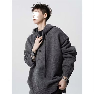 High Street Solid Color Knit Men's Winter American Cleanfit Hooded Sweatshirt High-end Cool Sweater_voghion.com