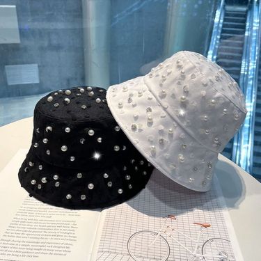 Women's Basin Rhinestone Pearl Bucket Hat, Small Face, New Summer Sunshade And Sunscreen Hat_voghion.com