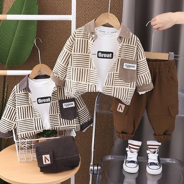 Boys' trendy children's clothing 2 Spring and Autumn 1 Year old 3 Baby's autumn striped shirt three piece set Baby_voghion.com