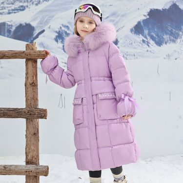 Princess-Style Long Puffer Coat For Girls – Elegant Winter Jacket (Ages 8+, 120-170cm, Black/Purple)_voghion.com
