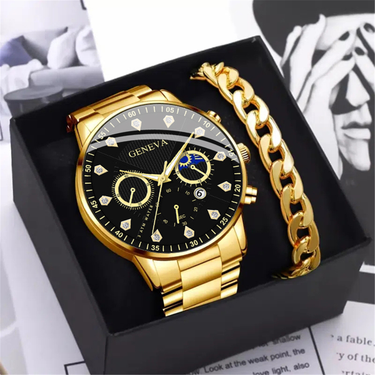 Jewelry Sets GENEVA Simple Sun, Moon And Stars Diamond Studded Men's Steel Watch Fake Three Eye Calendar Quartz Watch Men's_voghion.com