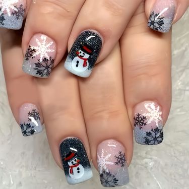 Black loose powder French false nails Christmas snowman snowflakes suitable for autumn and winter wear press on nails_voghion.com