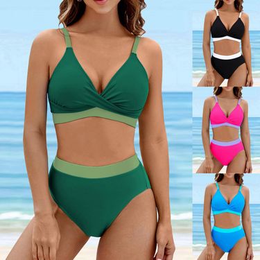 Women's Clothing Split High Waist Sports Swimsuit Contrast Color Cross Gathered Swimsuit_voghion.com