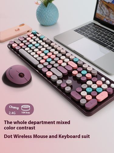 Radish 104 Dot Wireless Keyboard and Mouse Set for Office Desktop Laptop, Cute Female Milk Tea Color_voghion.com