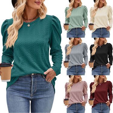 2023 New Women's Fashion Round Neck Puff Knitted Jacquard Solid Color Top Long Sleeve Cable Knit T-Shirt_voghion.com